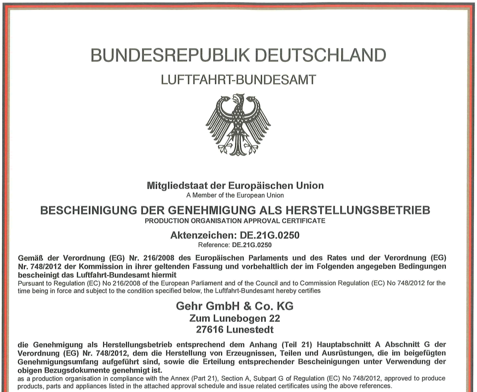 Gehr GmbH & Co. KG als Produktions- und Instandhaltungsbetrieb für Luftfahrtmöbel zertifiziert